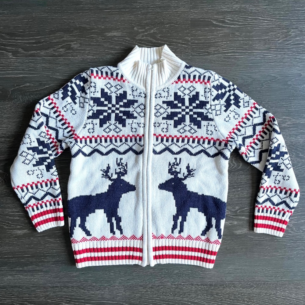 Kids Nordic Fair Isle Full Zip Wool Blend Cardigan Sweater Sz 7/8 Scandi Deer